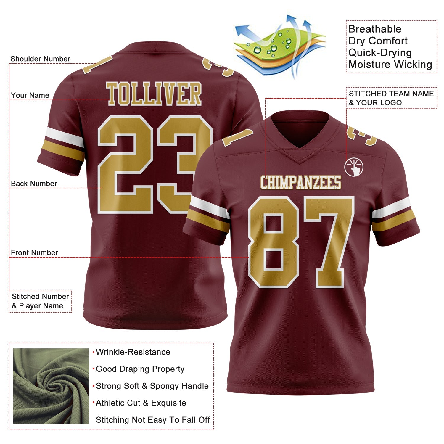 Custom Burgundy Old Gold-White Authentic Football Jersey view 3