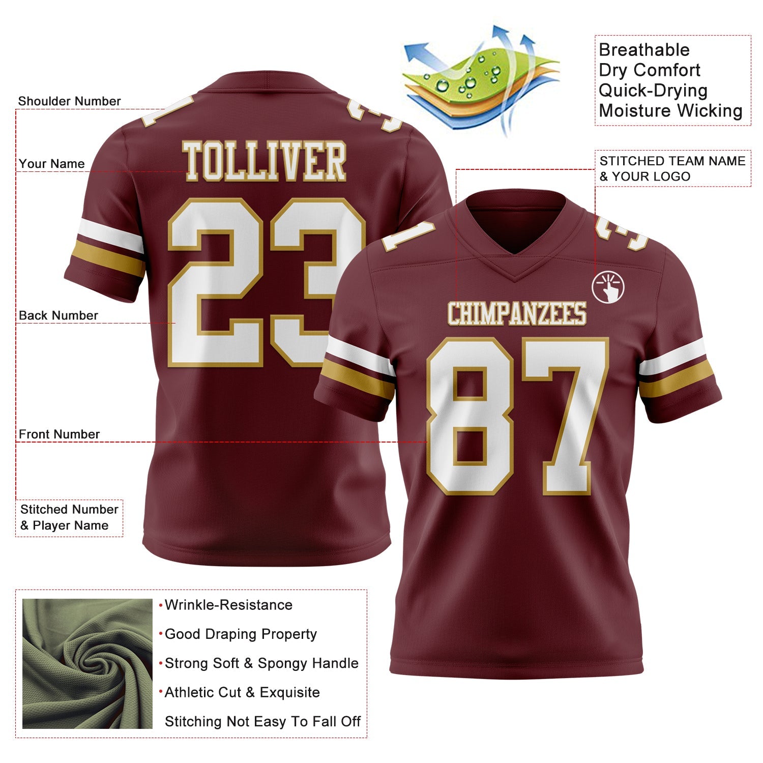 Custom Burgundy White-Old Gold Authentic Football Jersey view 3