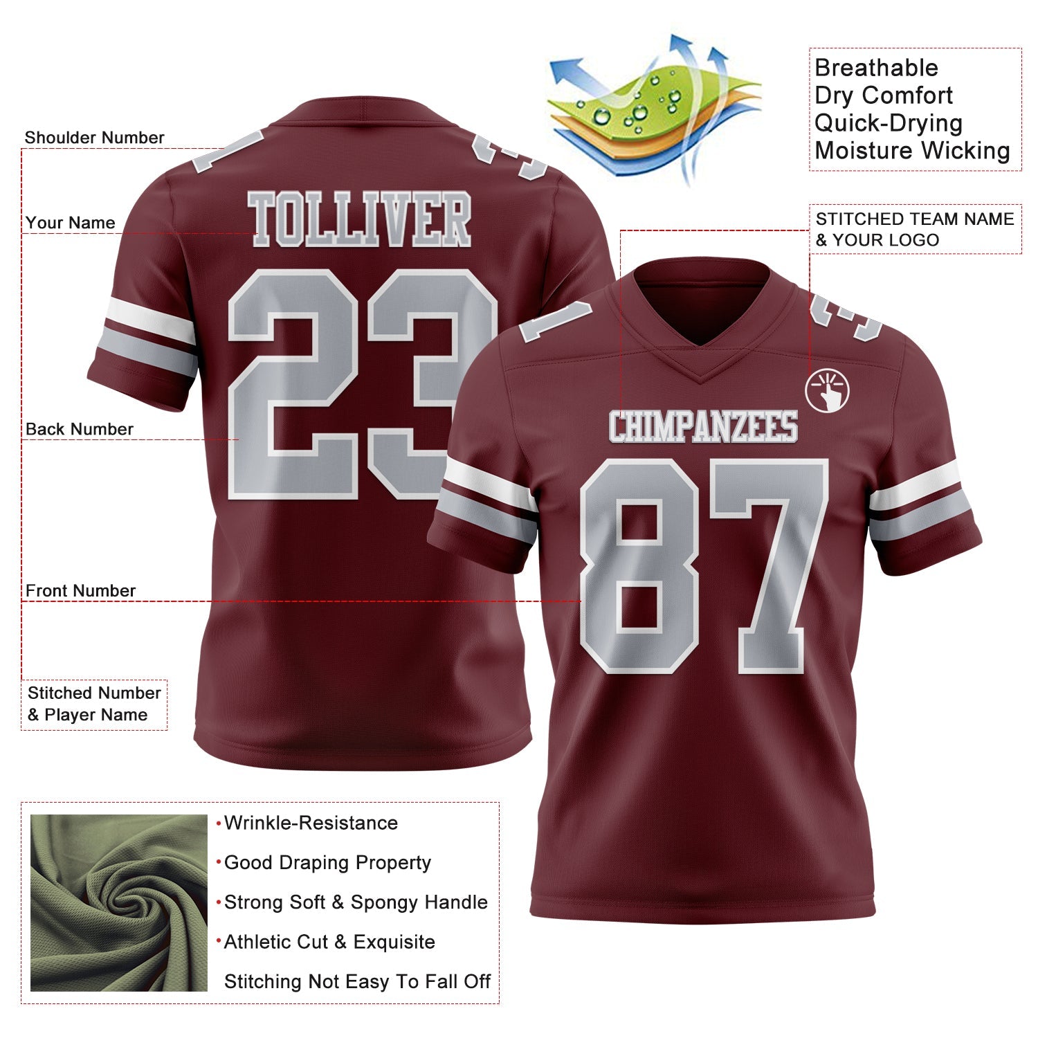 Custom Burgundy Gray-White Authentic Football Jersey view 3