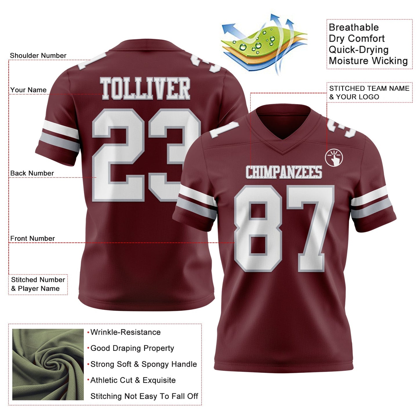 Custom Burgundy White-Gray Authentic Football Jersey view 3