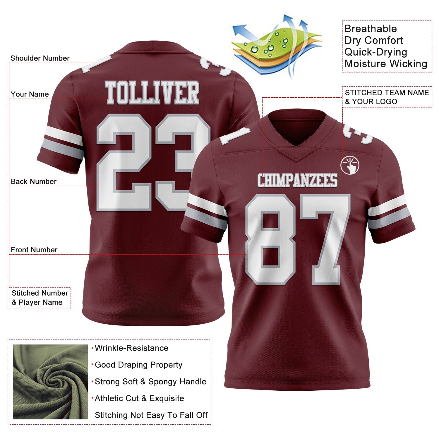 Custom Burgundy White-Gray Authentic Football Jersey view 3