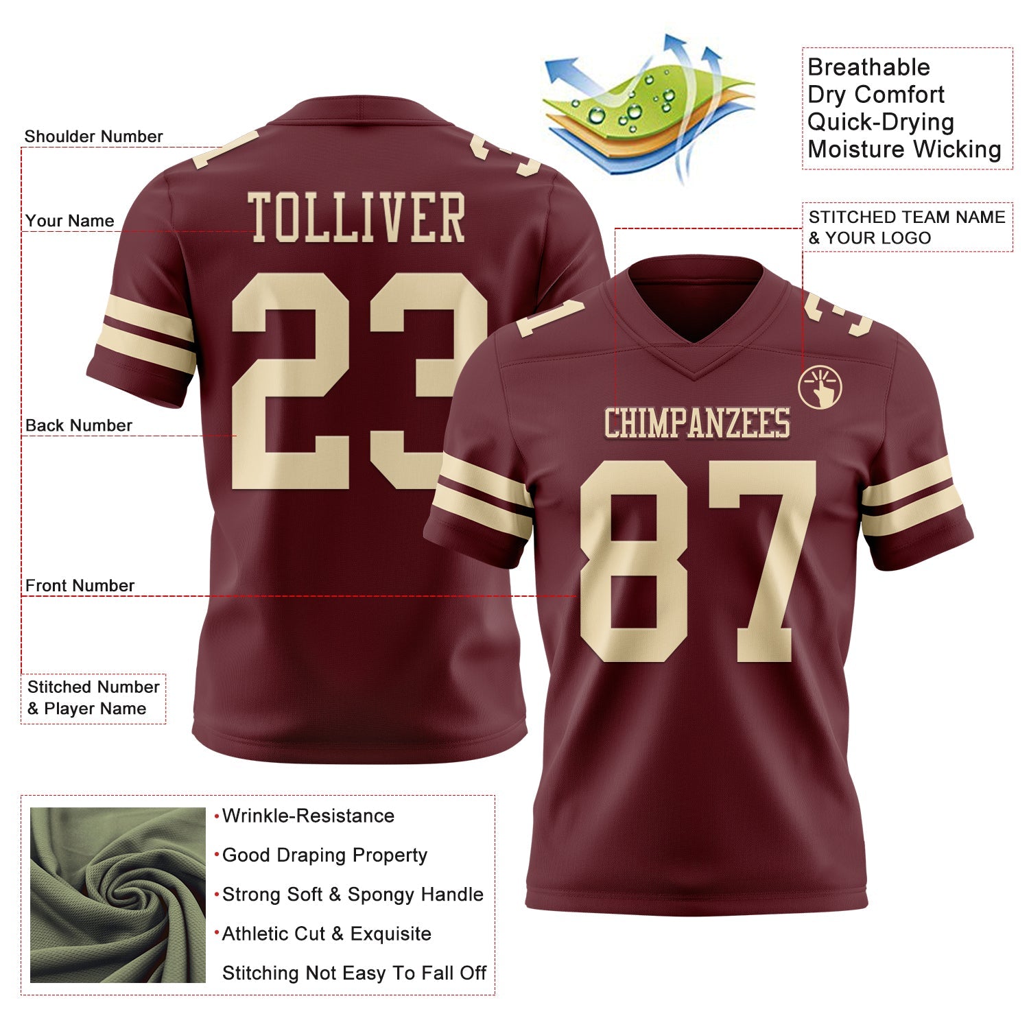 Custom Burgundy Cream Authentic Football Jersey view 3