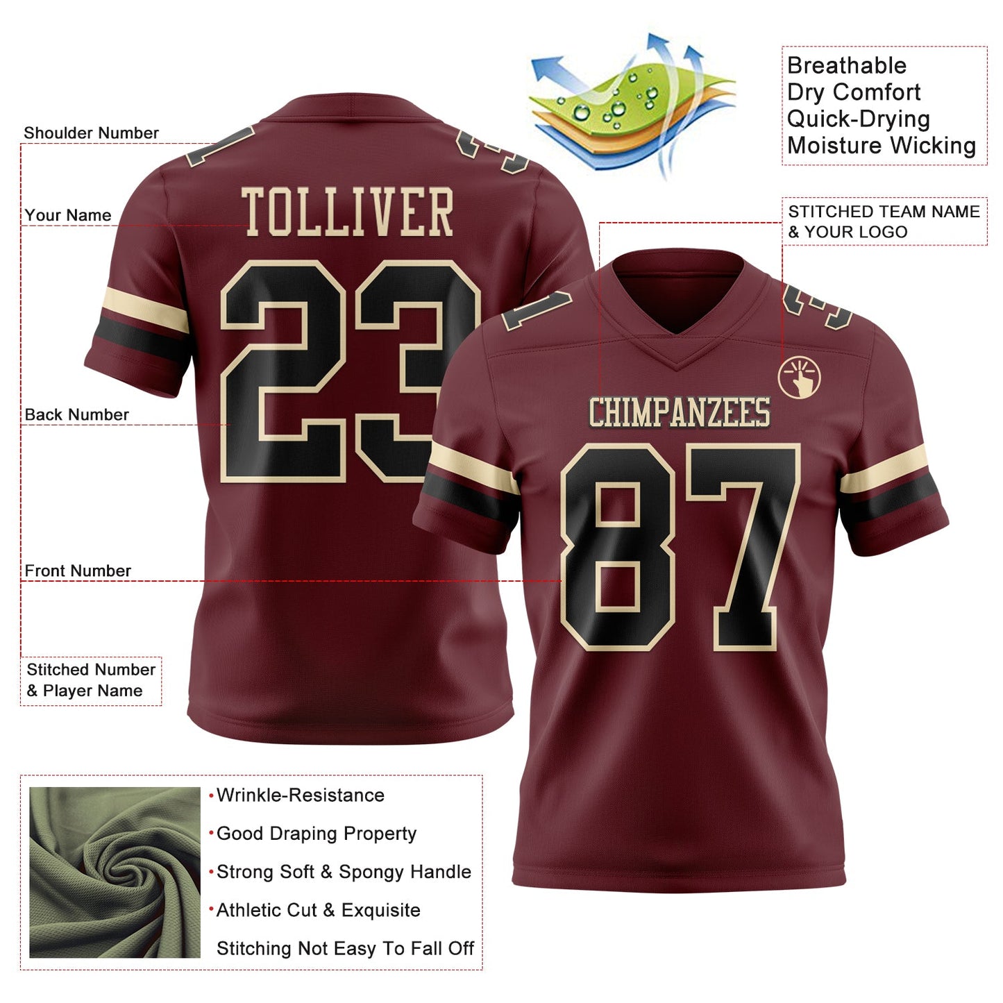 Custom Burgundy Black-Cream Authentic Football Jersey view 3