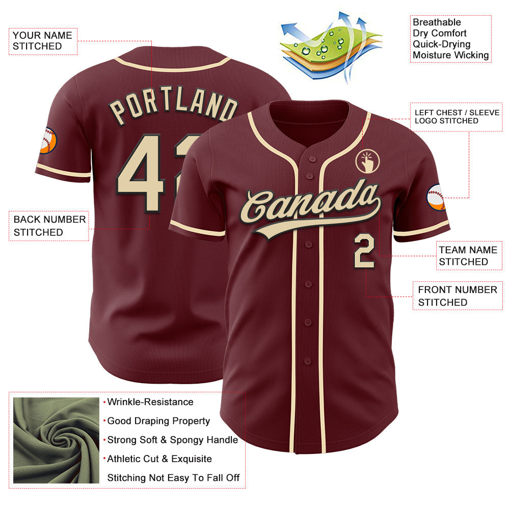 Custom Burgundy Cream-Black Authentic Baseball Jersey view 3