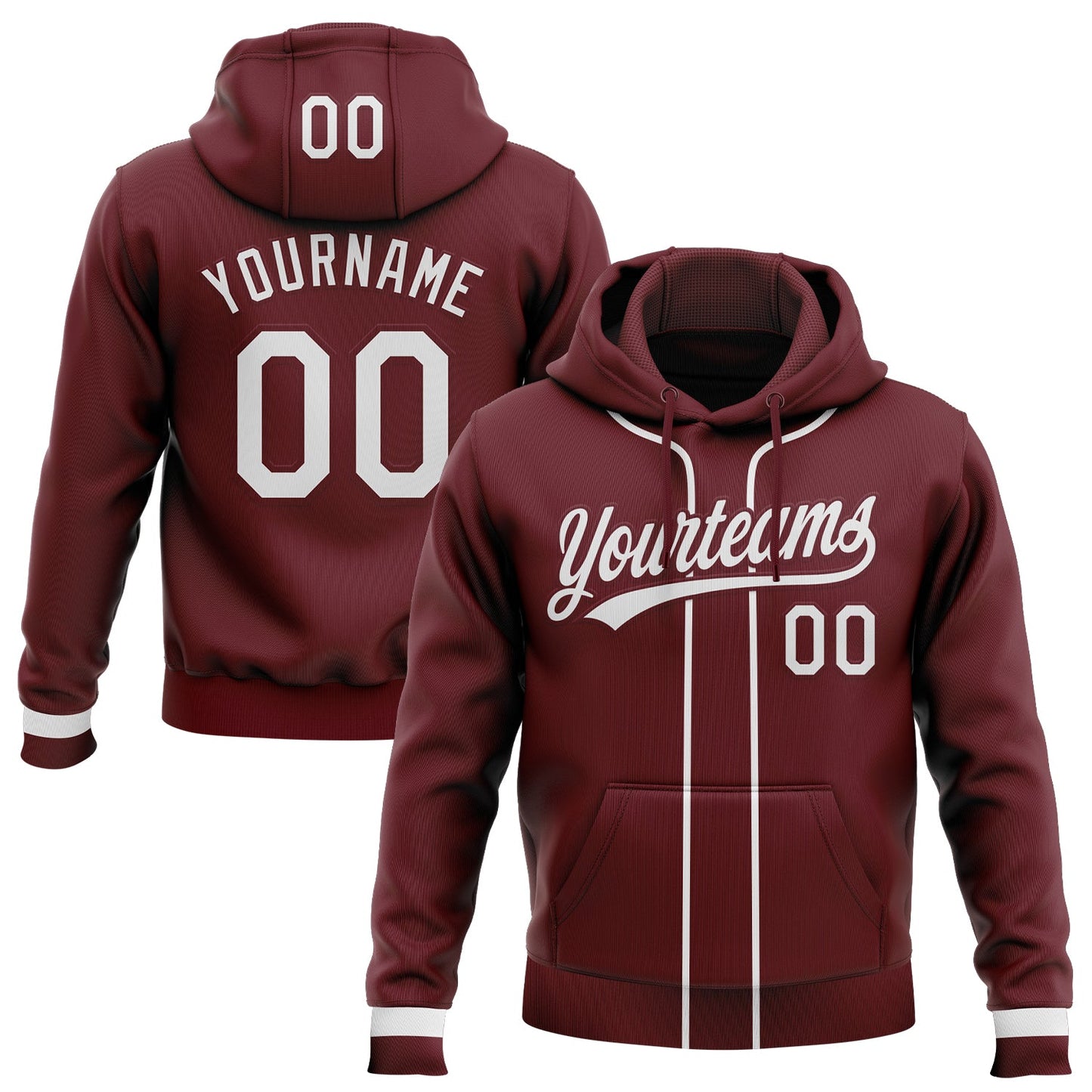 Custom Stitched Burgundy White-Burgundy Baseball Pullover Sweatshirt Hoodie - Main View