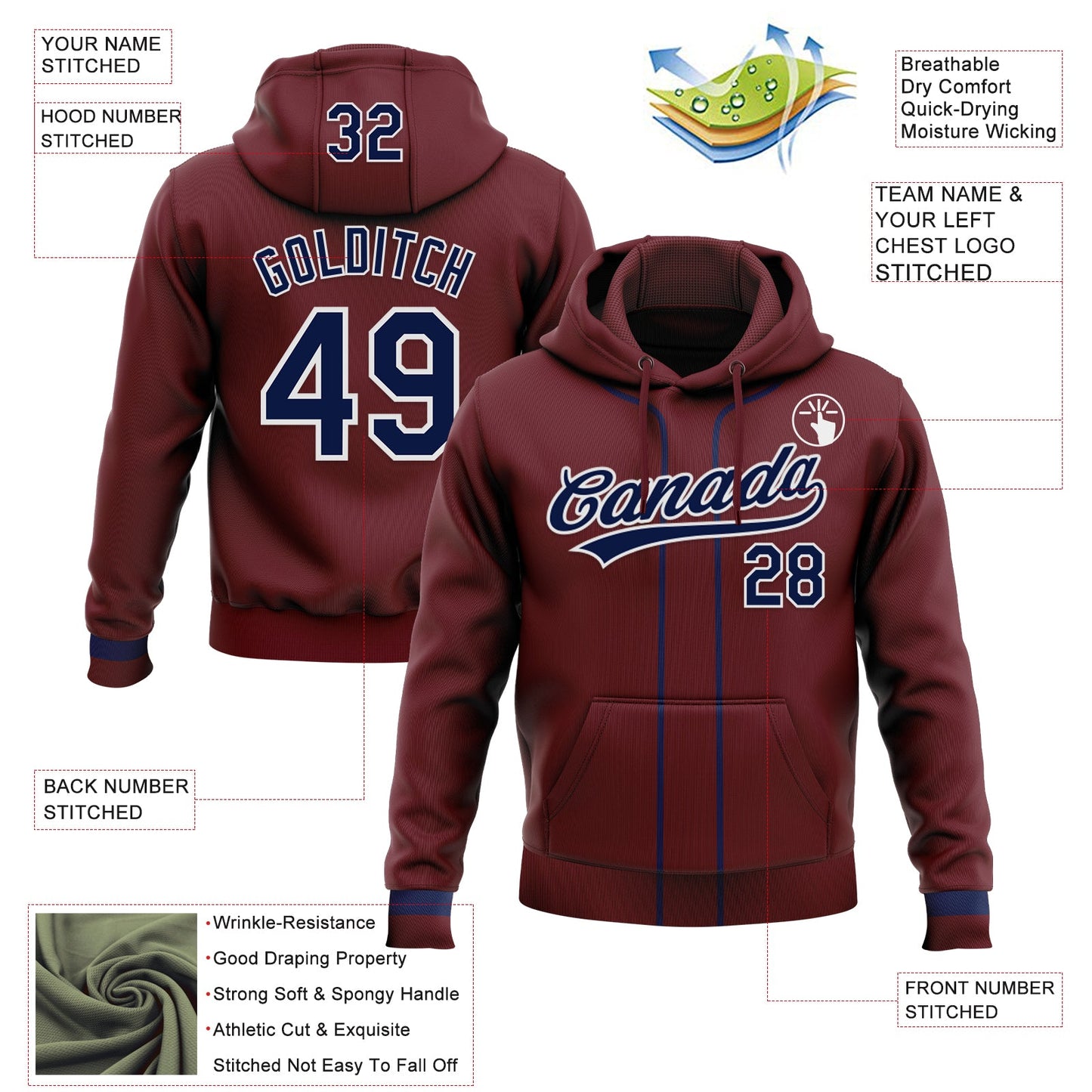Custom Stitched Burgundy Navy-White Baseball Pullover Sweatshirt Hoodie view 2