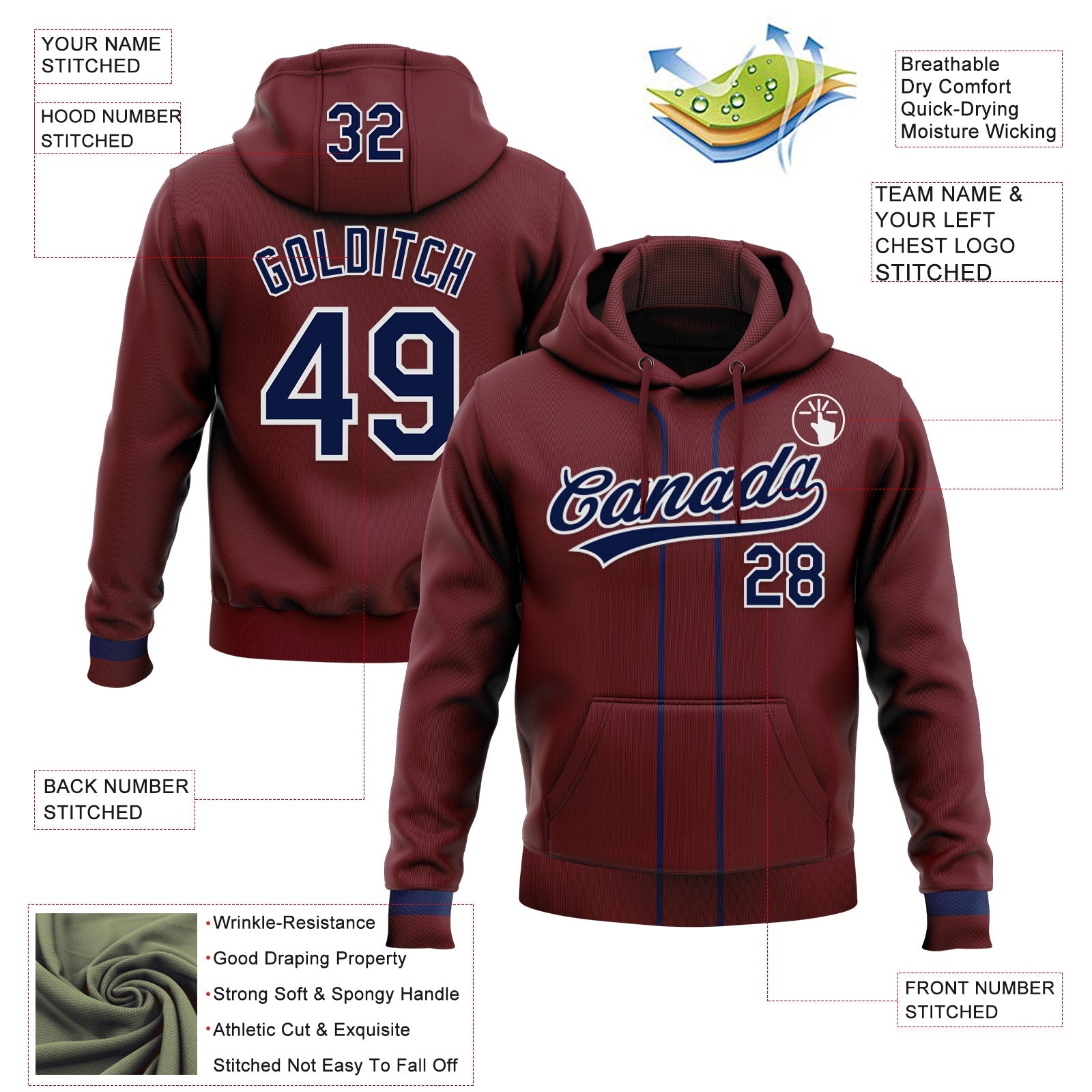 Custom Stitched Burgundy Navy-White Baseball Pullover Sweatshirt Hoodie view 2