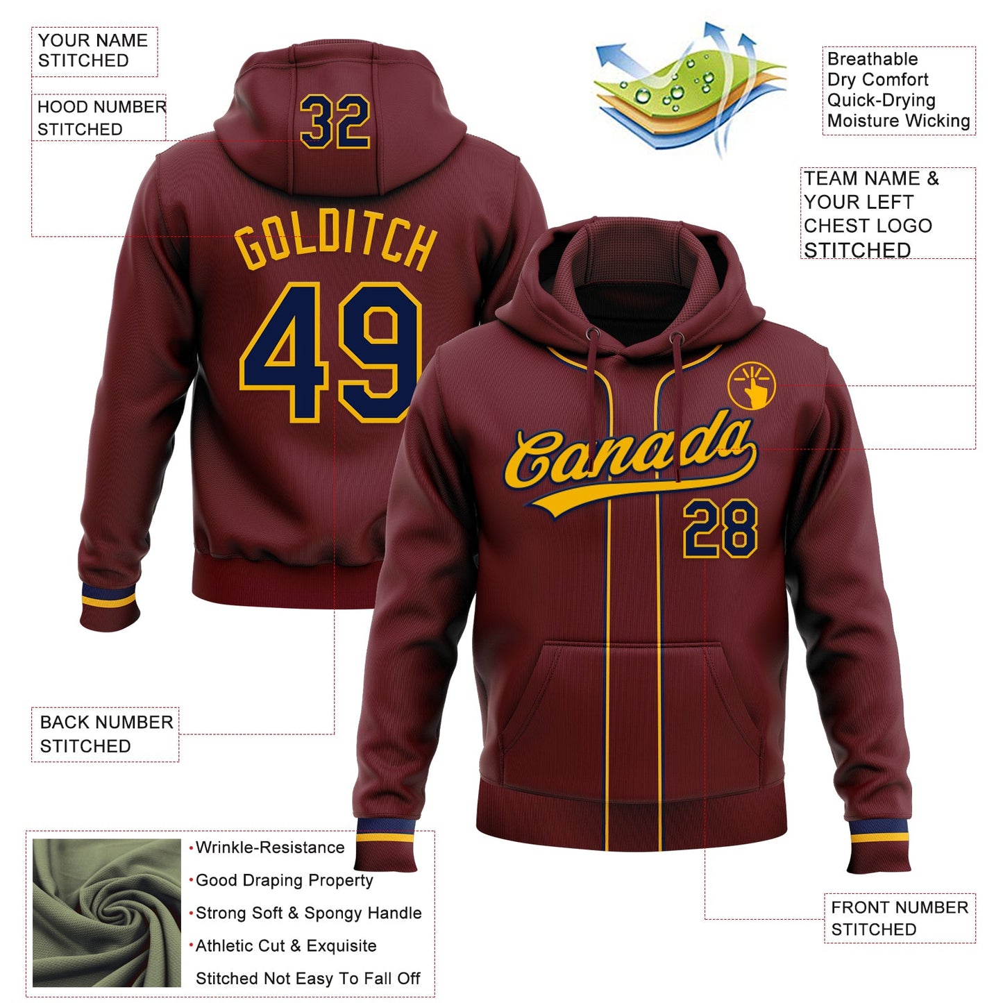 Custom Stitched Burgundy Navy-Gold Baseball Pullover Sweatshirt Hoodie view 2
