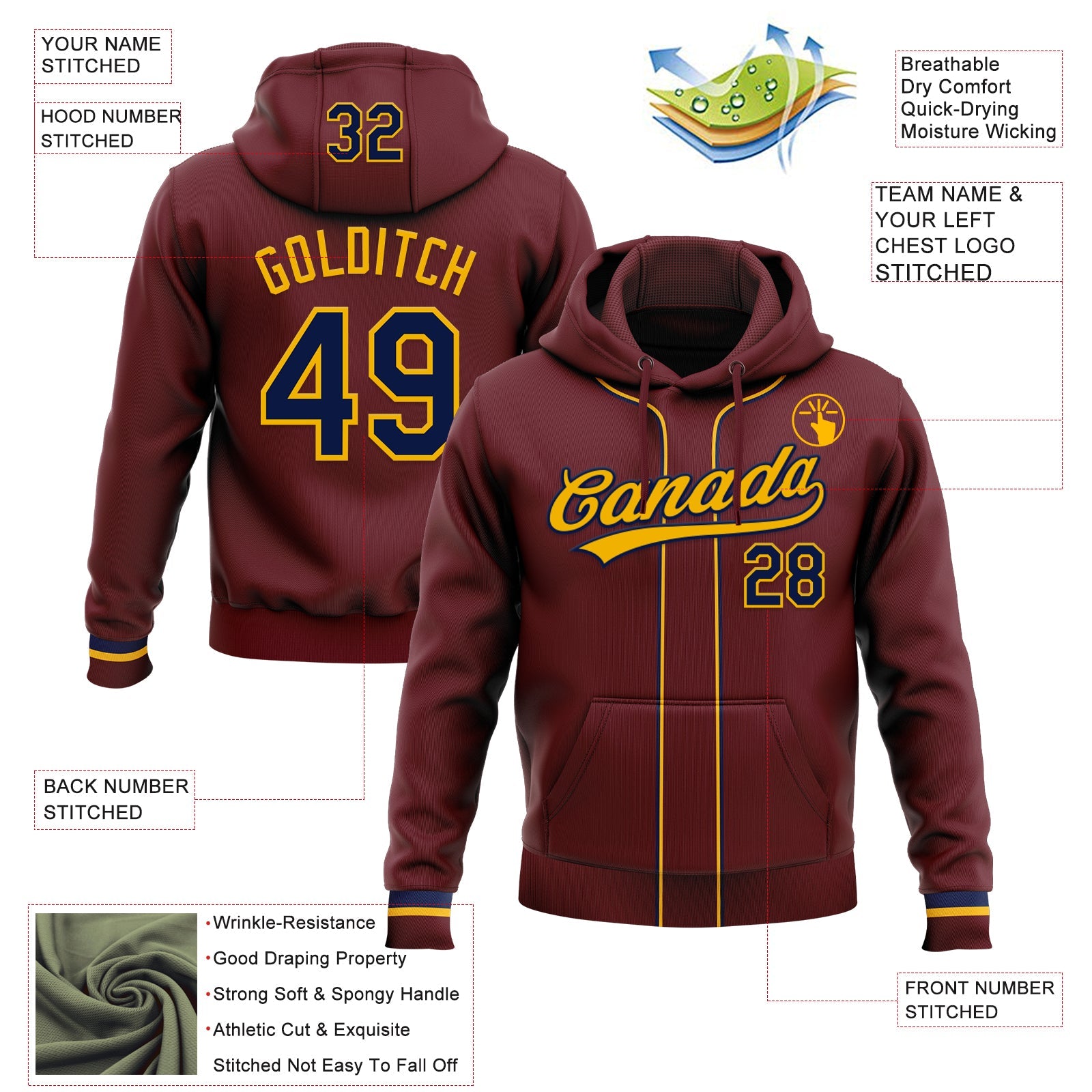 Custom Stitched Burgundy Navy-Gold Baseball Pullover Sweatshirt Hoodie view 2