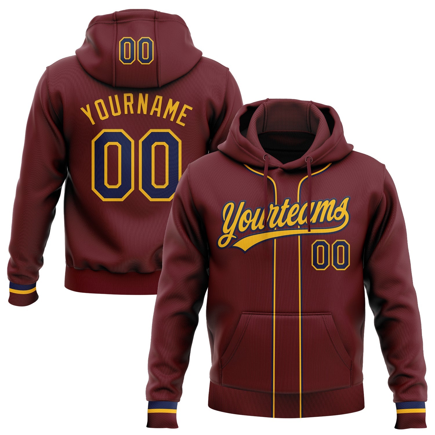 Custom Stitched Burgundy Navy-Gold Baseball Pullover Sweatshirt Hoodie - Main View