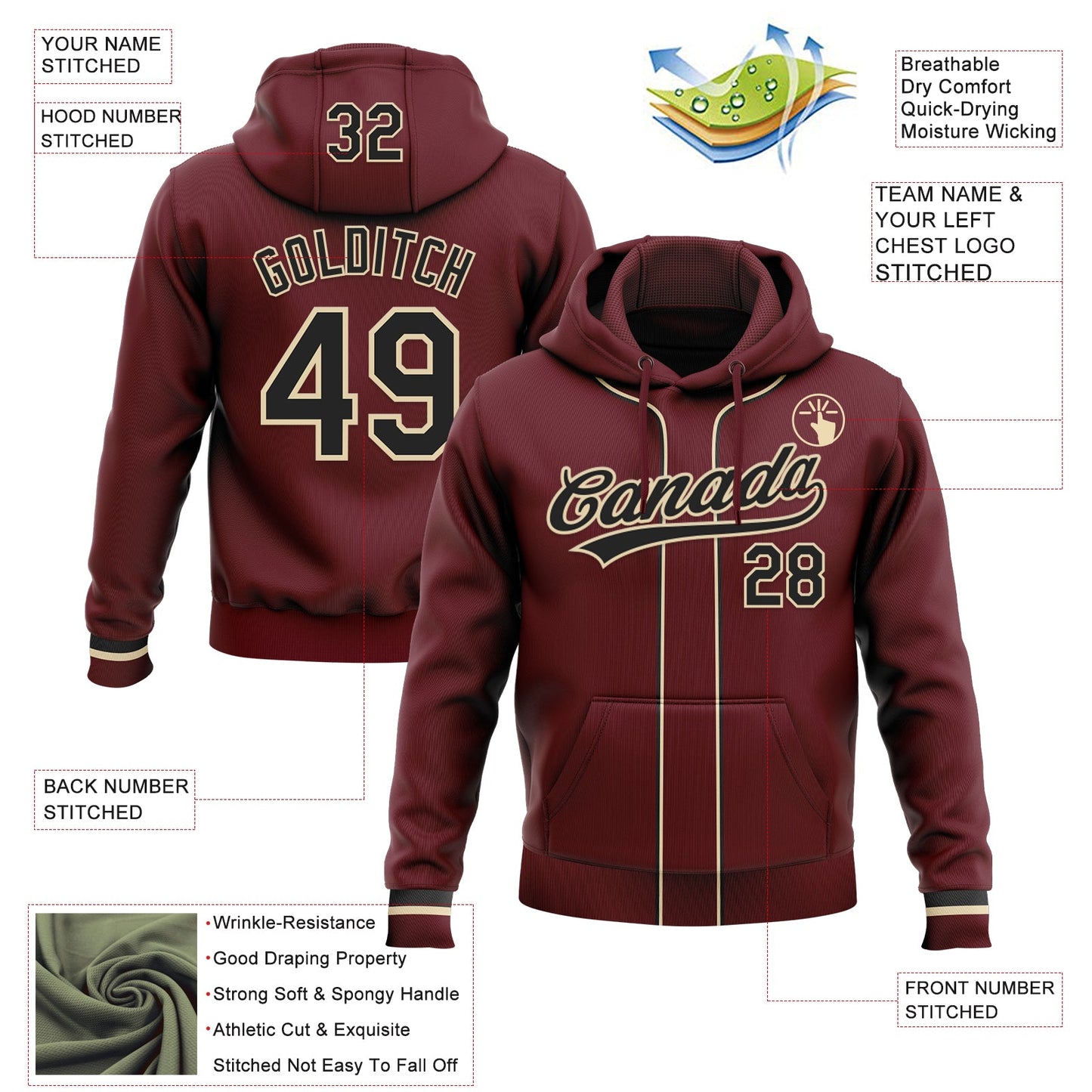 Custom Stitched Burgundy Black-Cream Baseball Pullover Sweatshirt Hoodie view 2