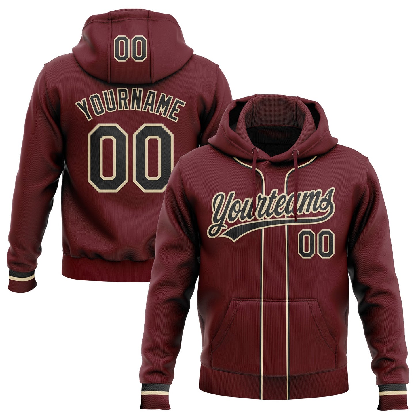 Custom Stitched Burgundy Black-Cream Baseball Pullover Sweatshirt Hoodie - Main View