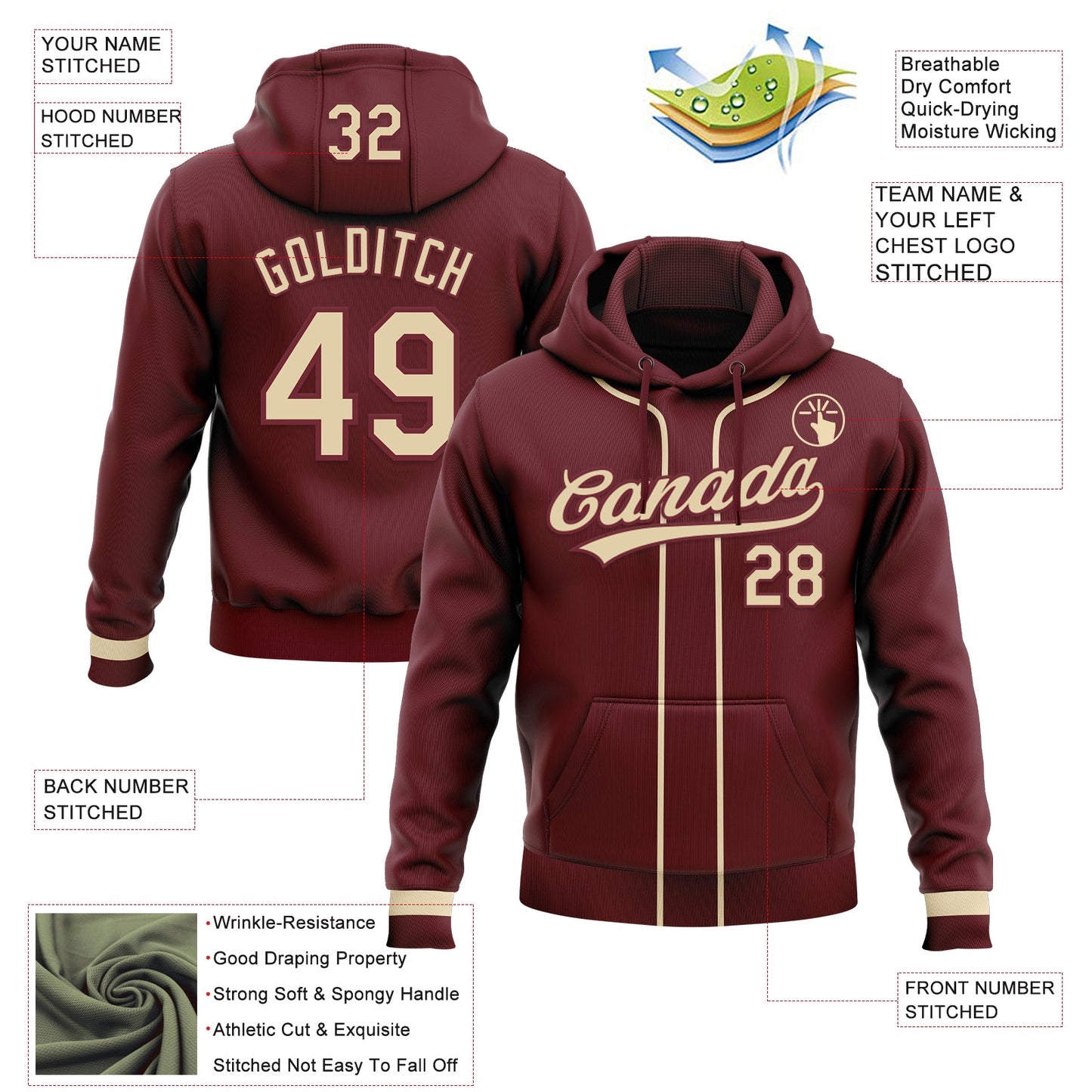 Custom Stitched Burgundy Cream-Burgundy Baseball Pullover Sweatshirt Hoodie view 2
