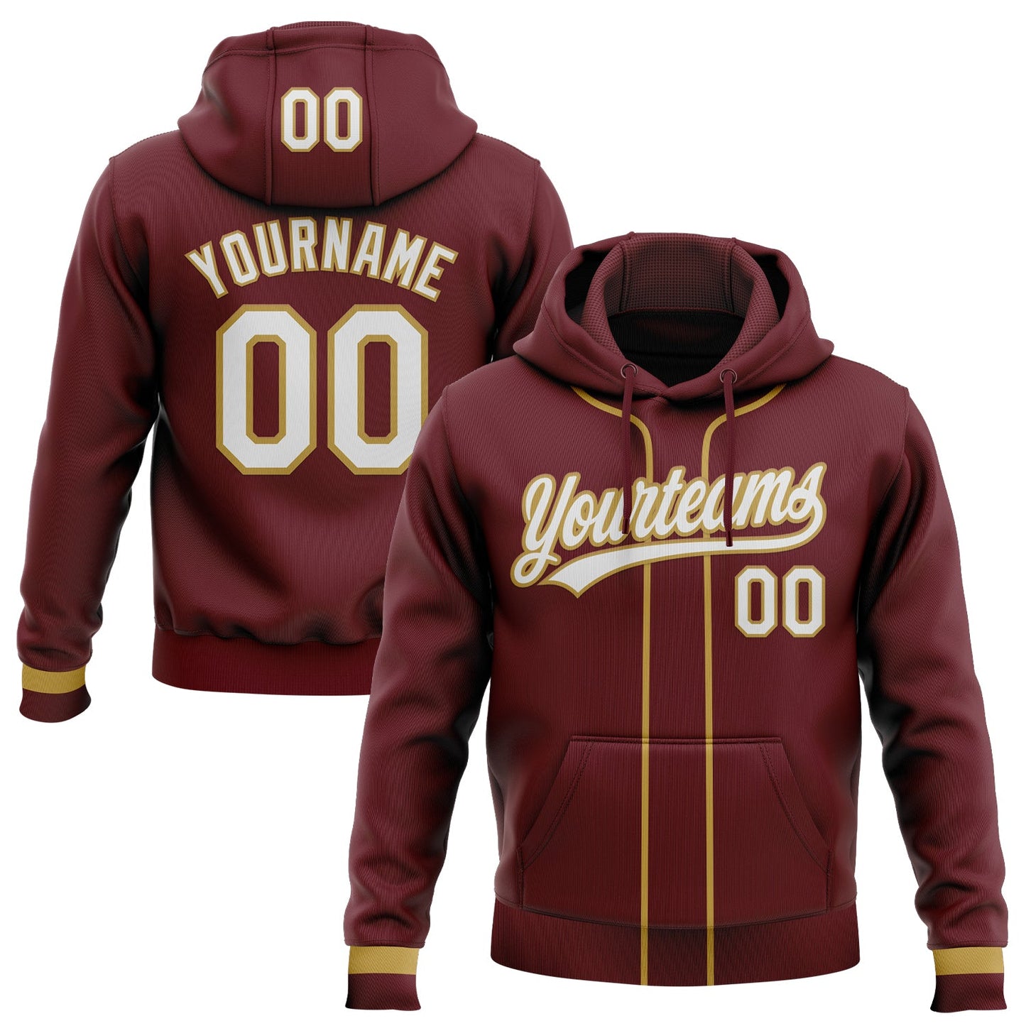 Custom Stitched Burgundy White-Old Gold Baseball Pullover Sweatshirt Hoodie - Main View