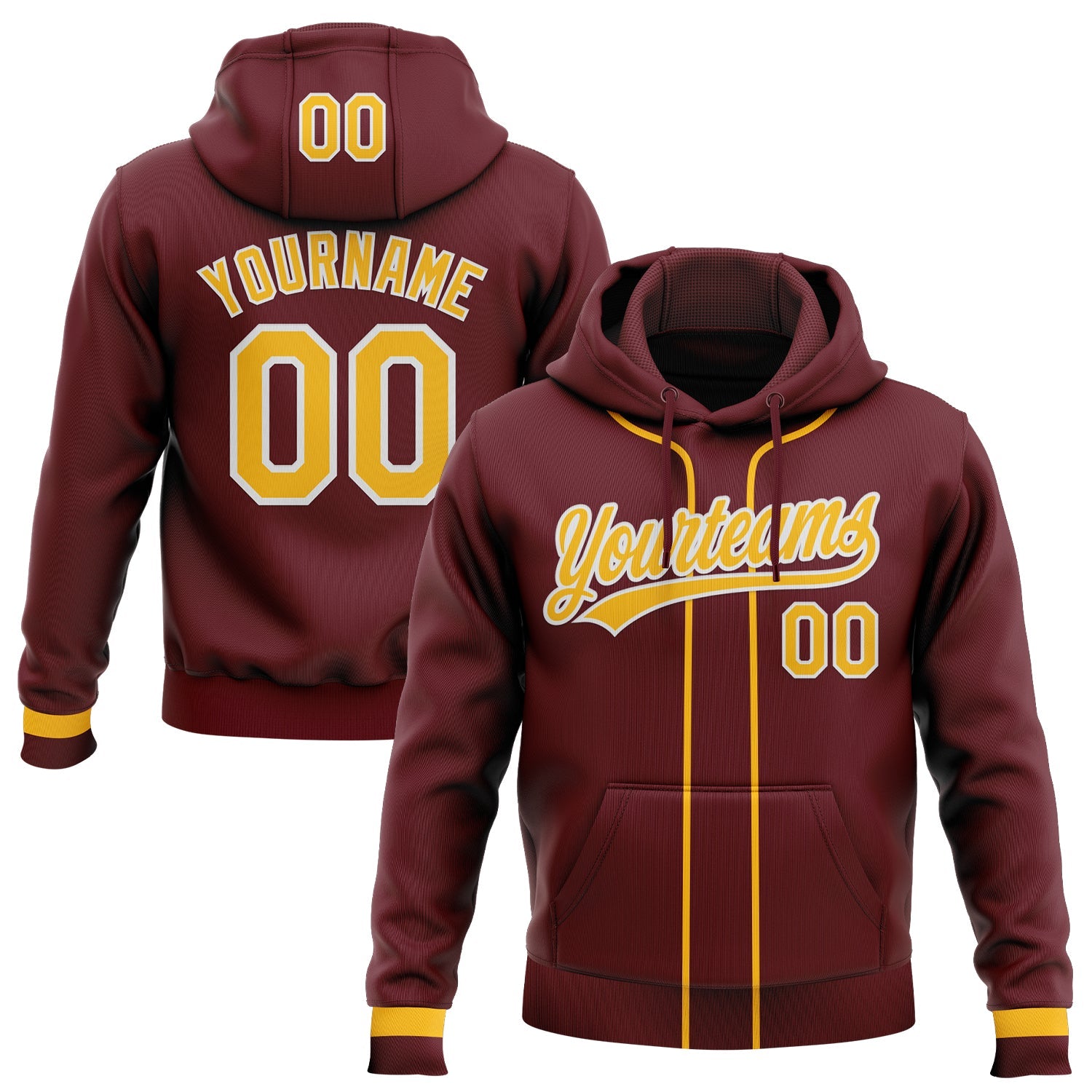 Custom Stitched Burgundy Gold-White Baseball Pullover Sweatshirt Hoodie - Main View
