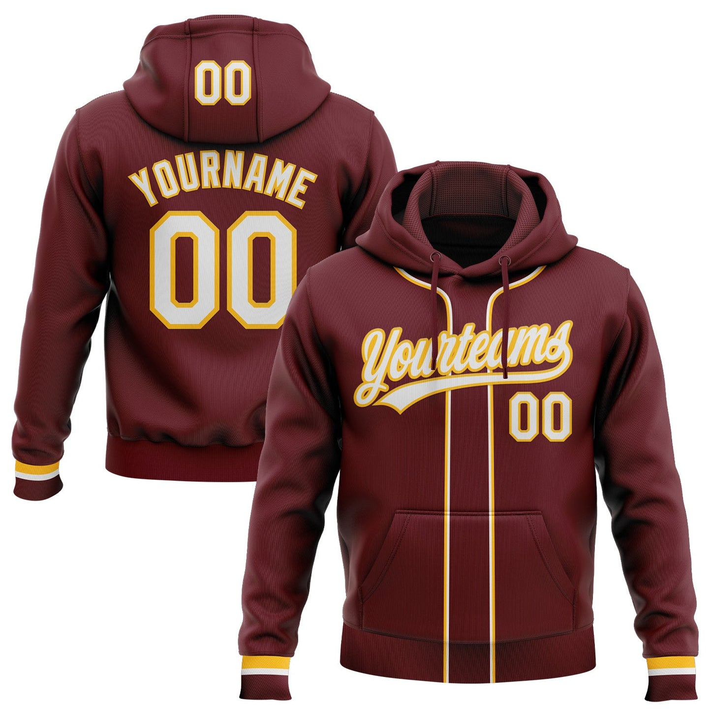 Custom Stitched Burgundy White-Gold Baseball Pullover Sweatshirt Hoodie - Main View