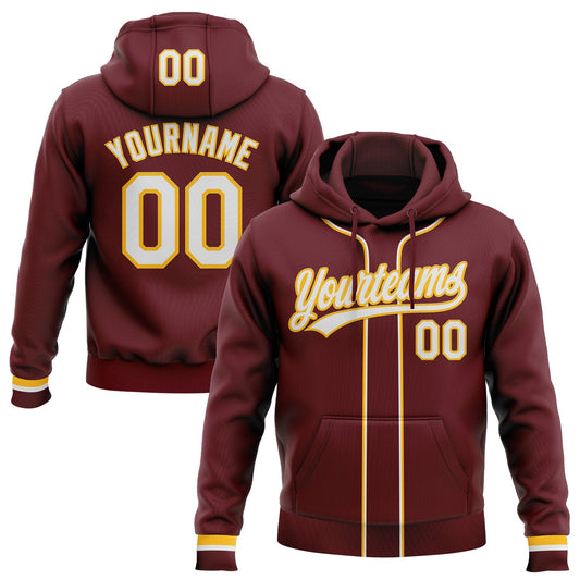 Custom Stitched Burgundy White-Gold Baseball Pullover Sweatshirt Hoodie - Main View