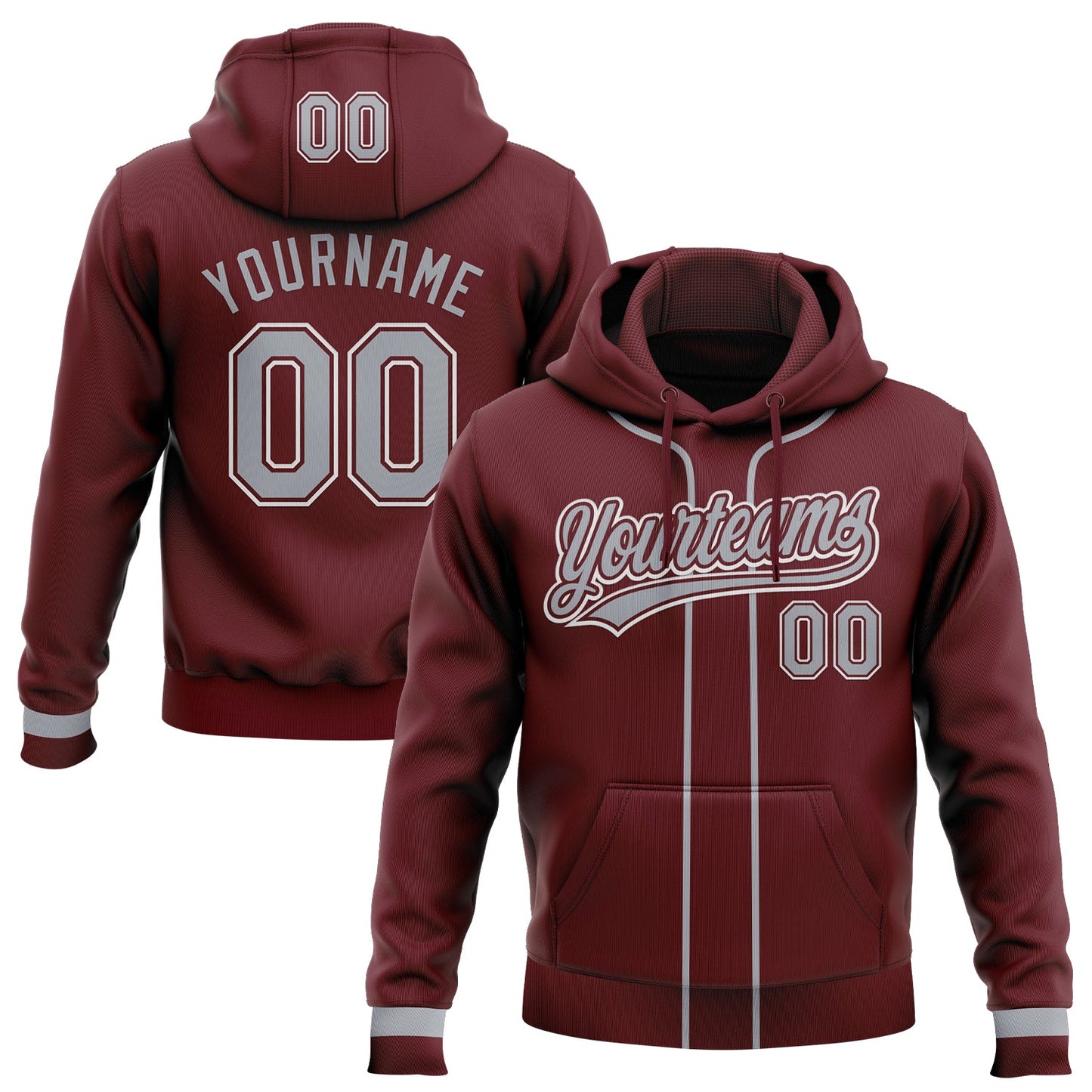 Custom Stitched Burgundy Gray-White Baseball Pullover Sweatshirt Hoodie - Main View