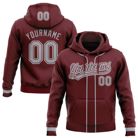 Custom Stitched Burgundy Gray-White Baseball Pullover Sweatshirt Hoodie - Main View