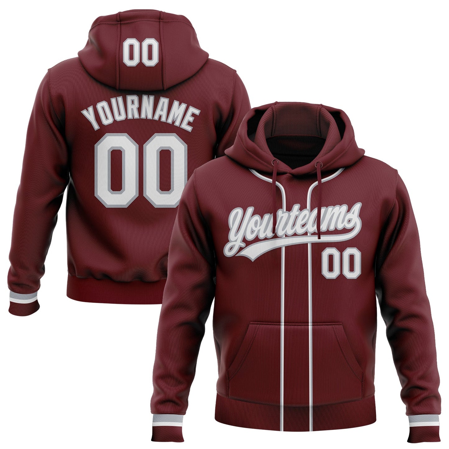Custom Stitched Burgundy White-Gray Baseball Pullover Sweatshirt Hoodie - Main View