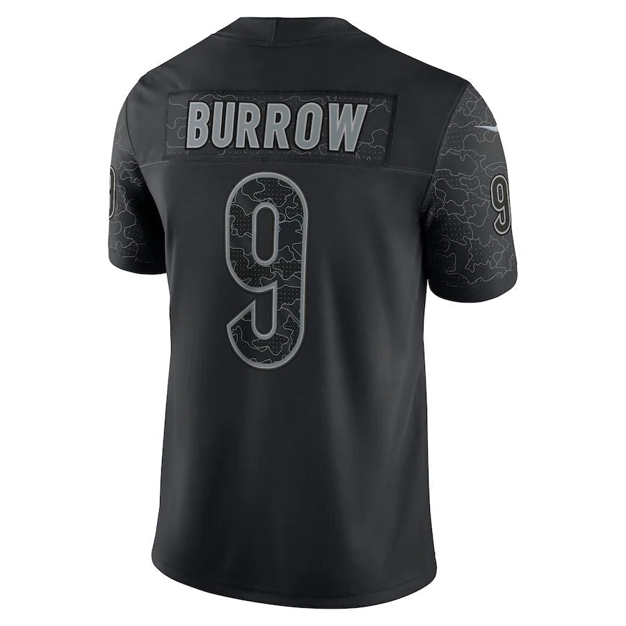 C.Bengals #9 Joe Burrow Black RFLCTV Limited Jersey Stitched American Football Jerseys - Main View