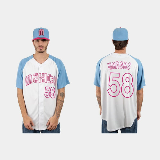 #58 CESAR VARGAS MEXICO BASEBALL 2023 WORLD BASEBALL CLASSIC JERSEY ¨C WHITE BLUE Stitches Baseball Jerseys - Main View
