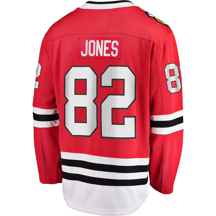 C.Blackhawks #82 Caleb Jones Fanatics Branded Breakaway Player Jersey Red Stitched American Hockey Jerseys - Main View
