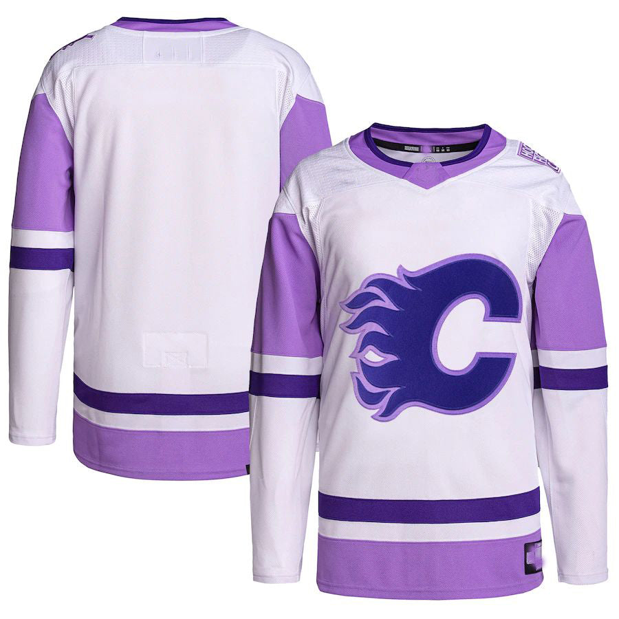 C.Flames Hockey Fights Cancer Primegreen Authentic Blank Practice Jersey White Purple Stitched American Hockey Jerseys - Main View