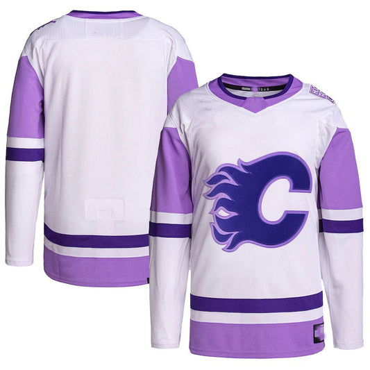 C.Flames Hockey Fights Cancer Primegreen Authentic Blank Practice Jersey White Purple Stitched American Hockey Jerseys - Main View