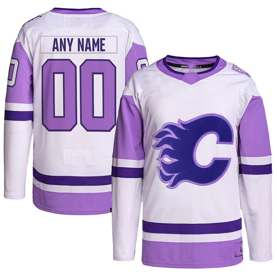 Custom C.Flames Hockey Fights Cancer Primegreen Authentic Jersey White Purple Stitched American Hockey Jerseys - Main View