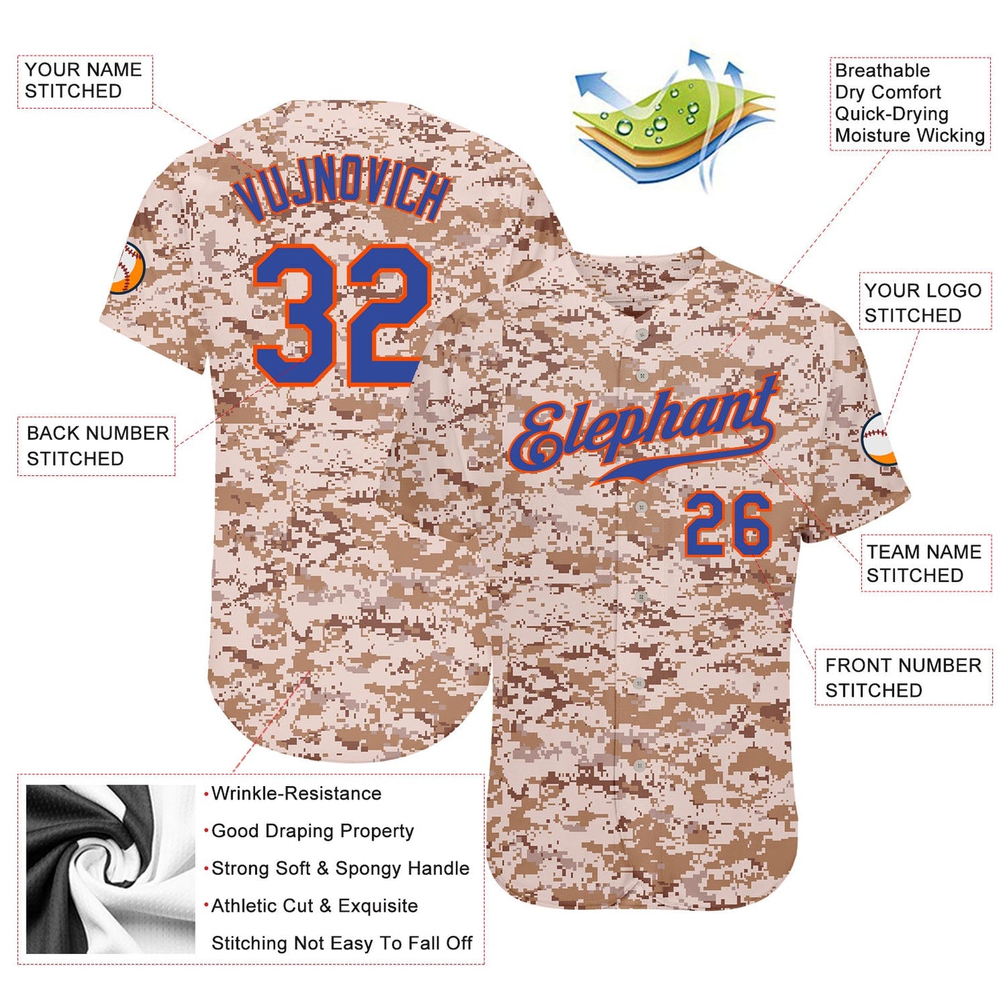 Custom Camo Royal-Orange Authentic Salute To Service Baseball Jersey view 3