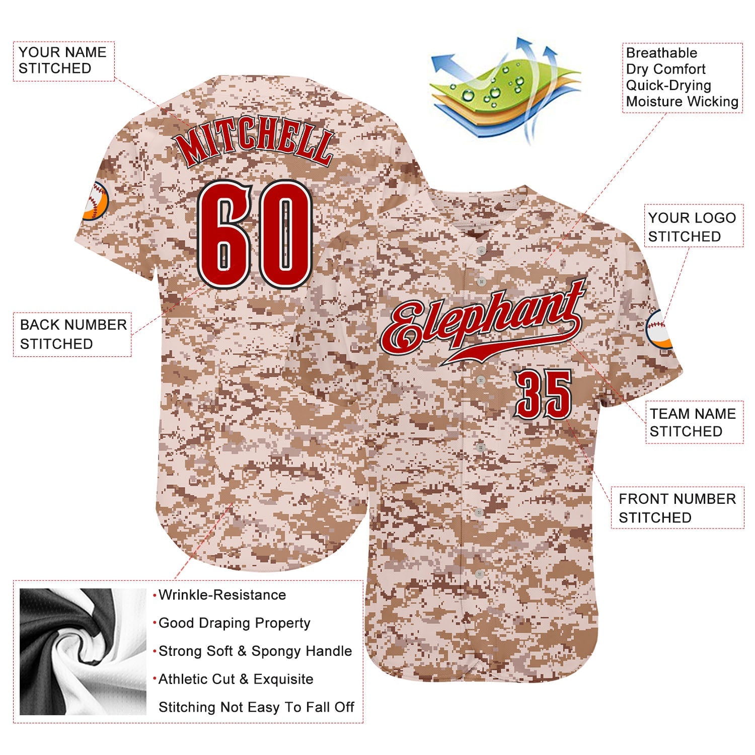 Custom Camo Red-Black Authentic Salute To Service Baseball Jersey view 3