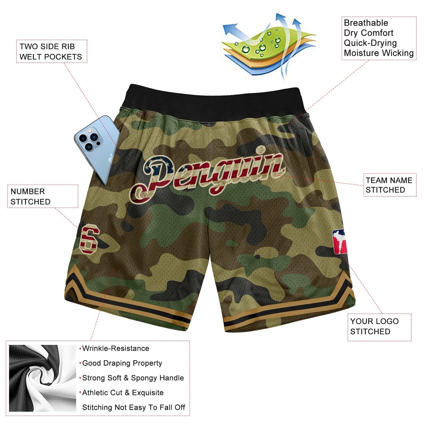 Custom Camo Vintage USA Flag-Cream Authentic Salute To Service Basketball Shorts view 2