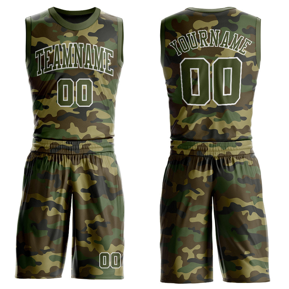 Custom Camo Olive-White Round Neck Sublimation Salute To Service Basketball Uniform Jersey - Main View