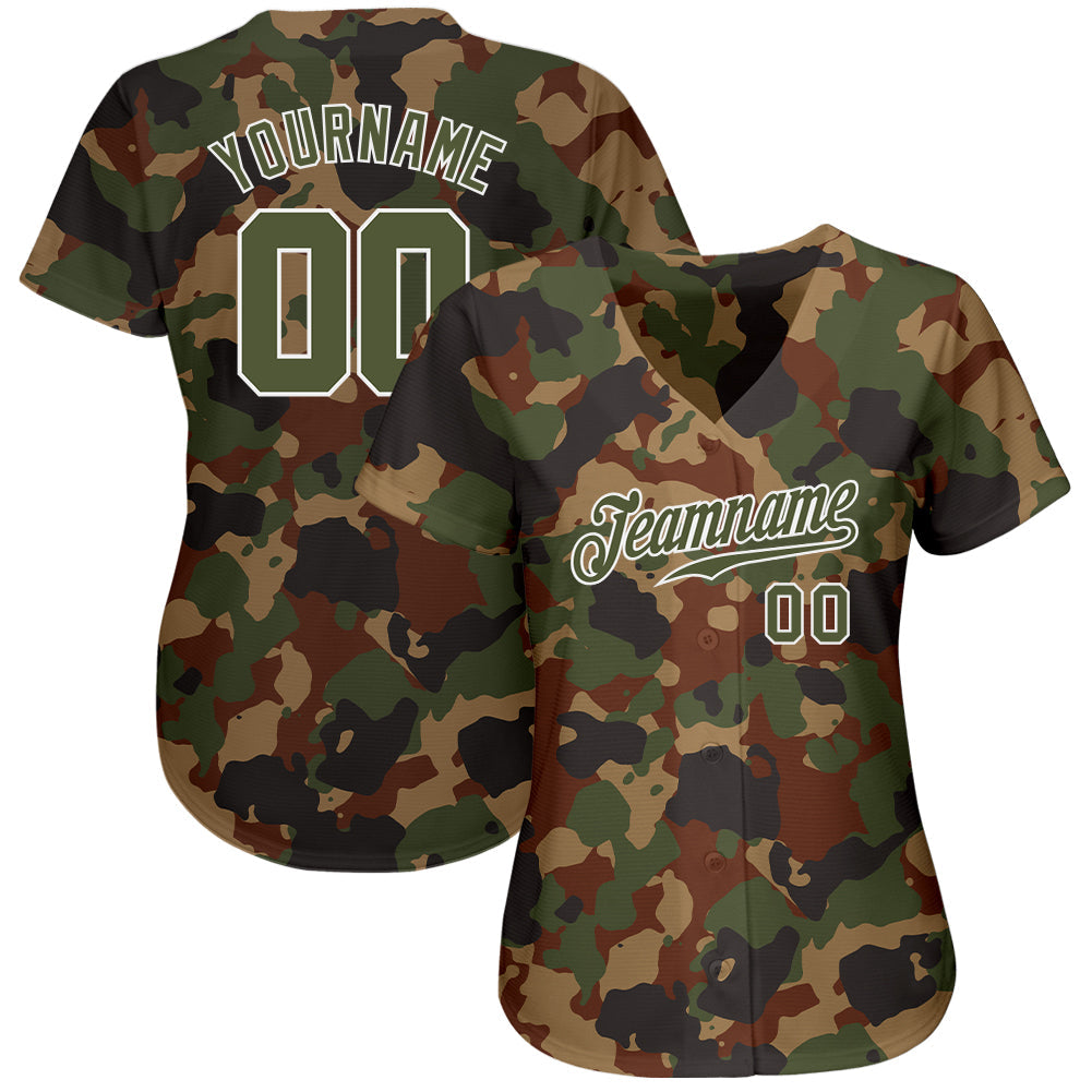 Custom Camo Olive-White Dark Classic Woodland Authentic Salute To Service Baseball Jersey view 2