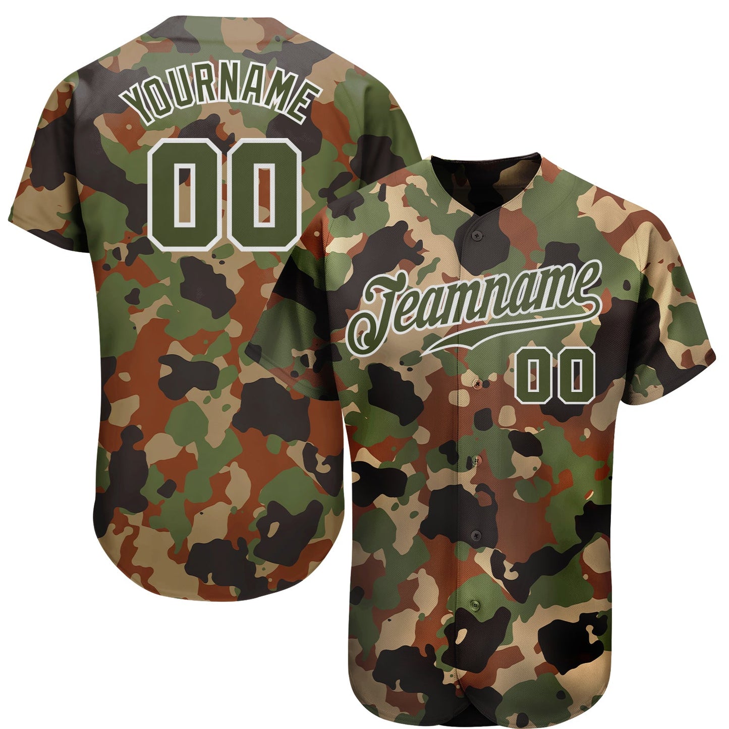 Custom Camo Olive-White Dark Classic Woodland Authentic Salute To Service Baseball Jersey - Main View