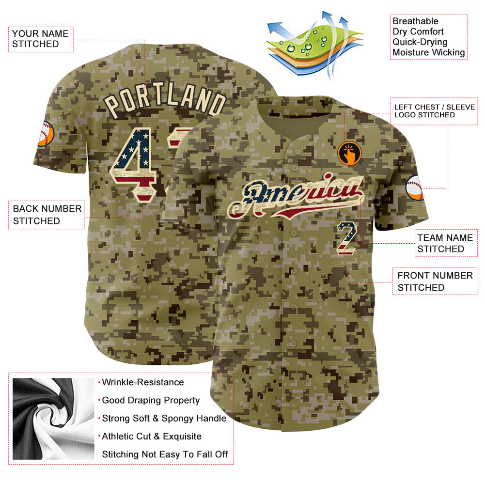 Custom Camo Vintage USA Flag-City Cream Authentic Salute To Service Baseball Jersey view 3