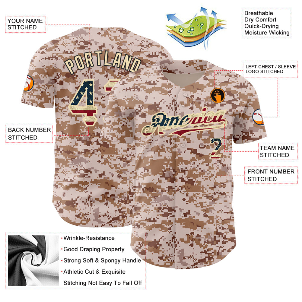 Custom Camo Vintage USA Flag-City Cream Authentic Salute To Service Baseball Jersey view 3
