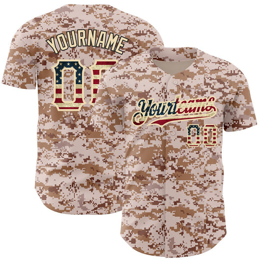 Custom Camo Vintage USA Flag-City Cream Authentic Salute To Service Baseball Jersey - Main View