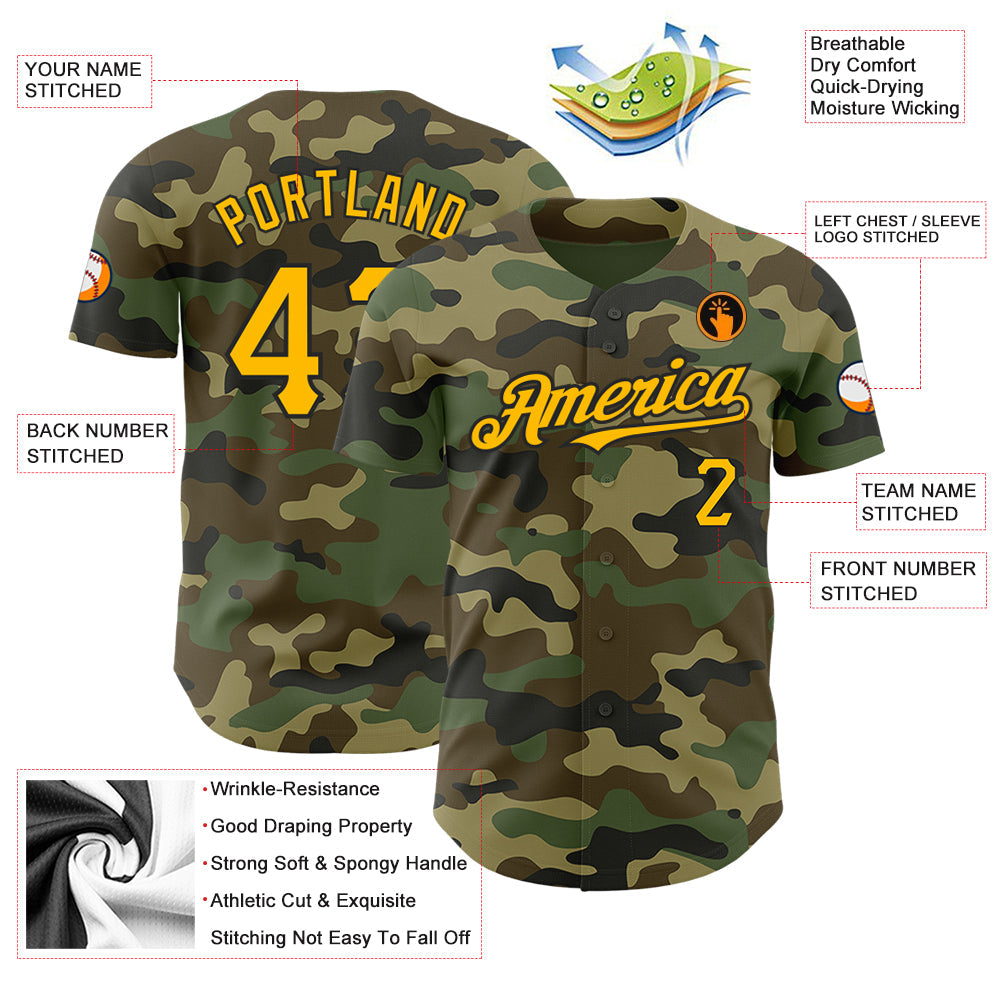 Custom Camo Gold-Black Authentic Salute To Service Baseball Jersey view 3