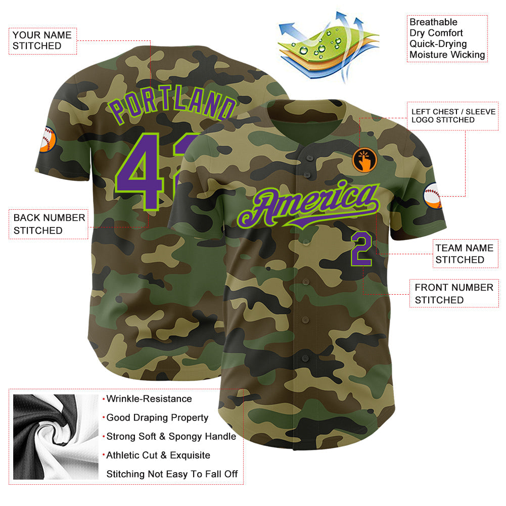 Custom Camo Purple-Neon Green Authentic Salute To Service Baseball Jersey view 3