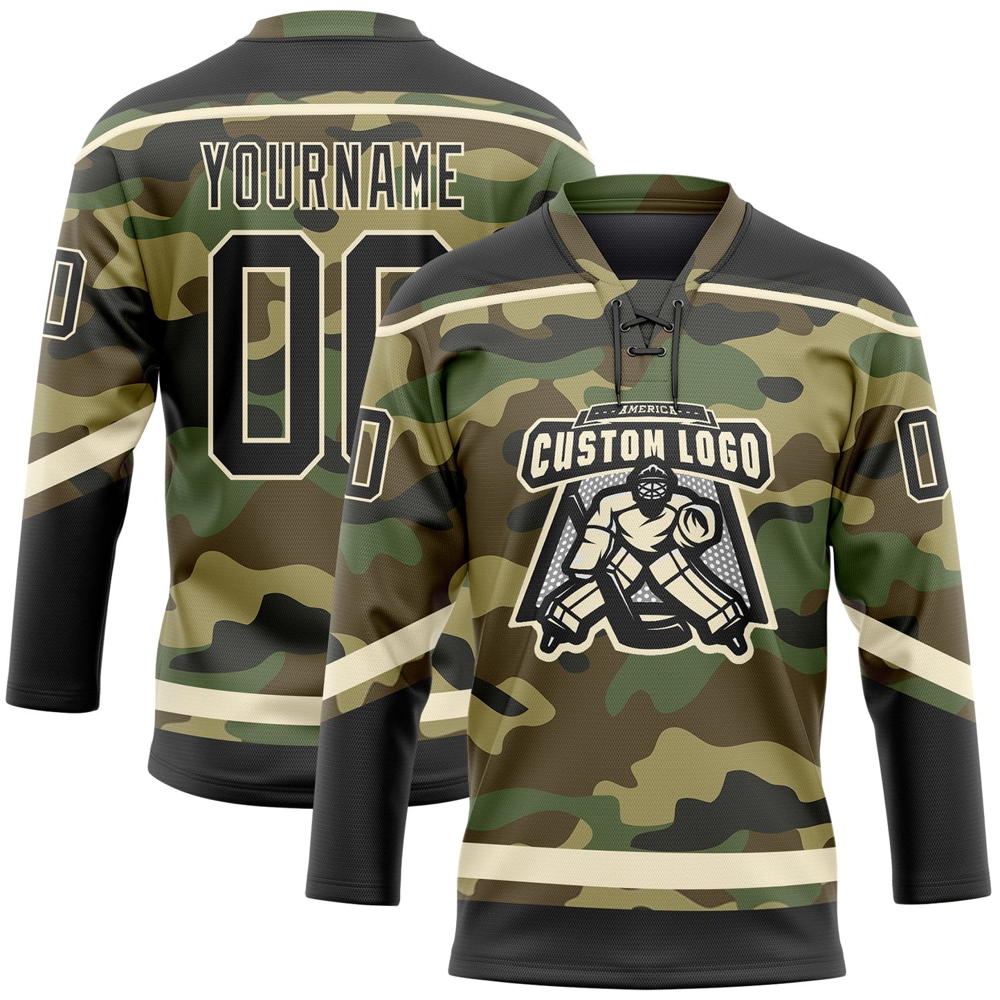 Custom Camo Black-Cream Salute To Service Hockey Lace Neck Jersey view 3