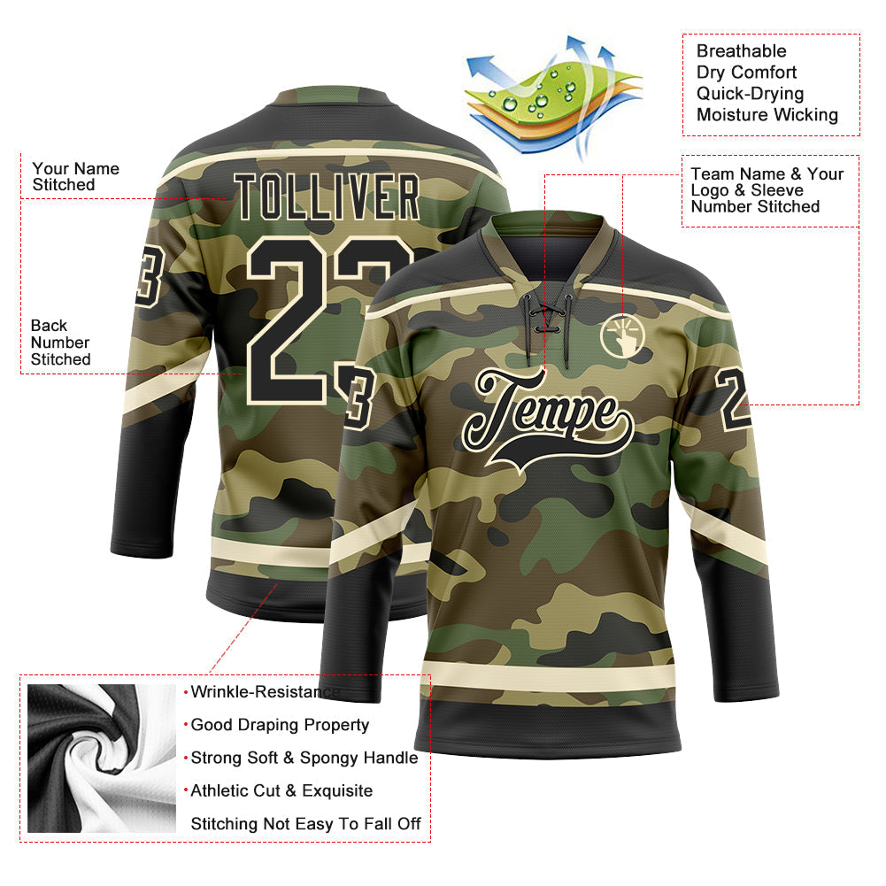 Custom Camo Black-Cream Salute To Service Hockey Lace Neck Jersey view 4