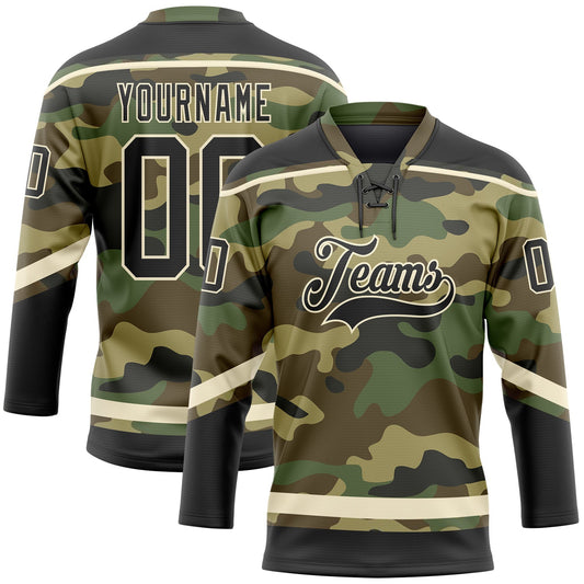 Custom Camo Black-Cream Salute To Service Hockey Lace Neck Jersey - Main View
