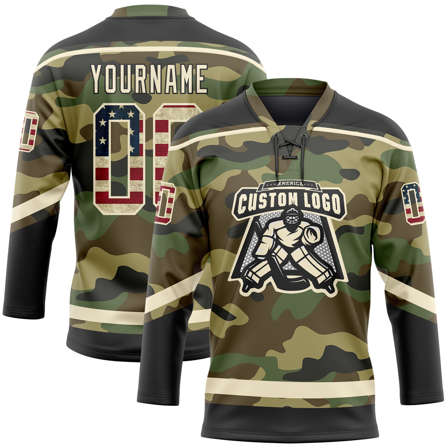 Custom Camo Vintage USA Flag Cream-Black Salute To Service Hockey Lace Neck Jersey view 2