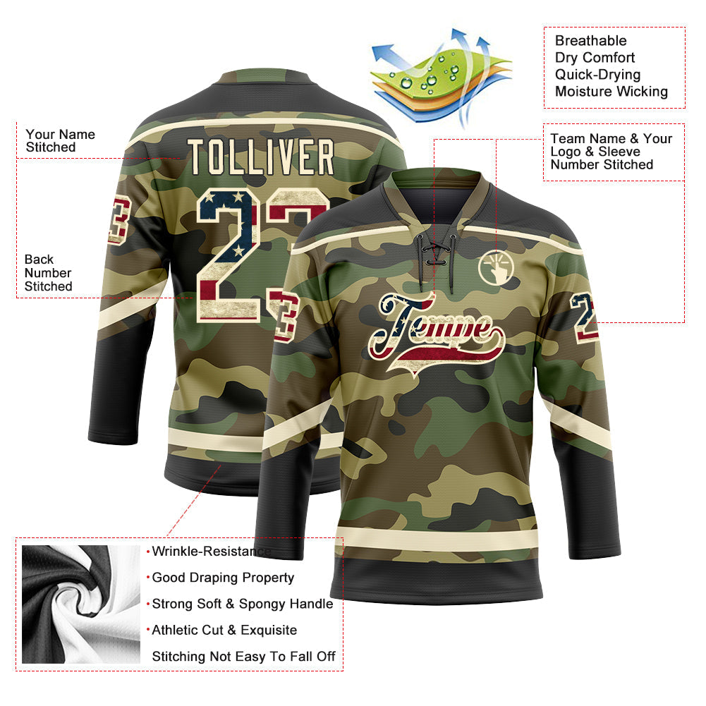 Custom Camo Vintage USA Flag Cream-Black Salute To Service Hockey Lace Neck Jersey view 4