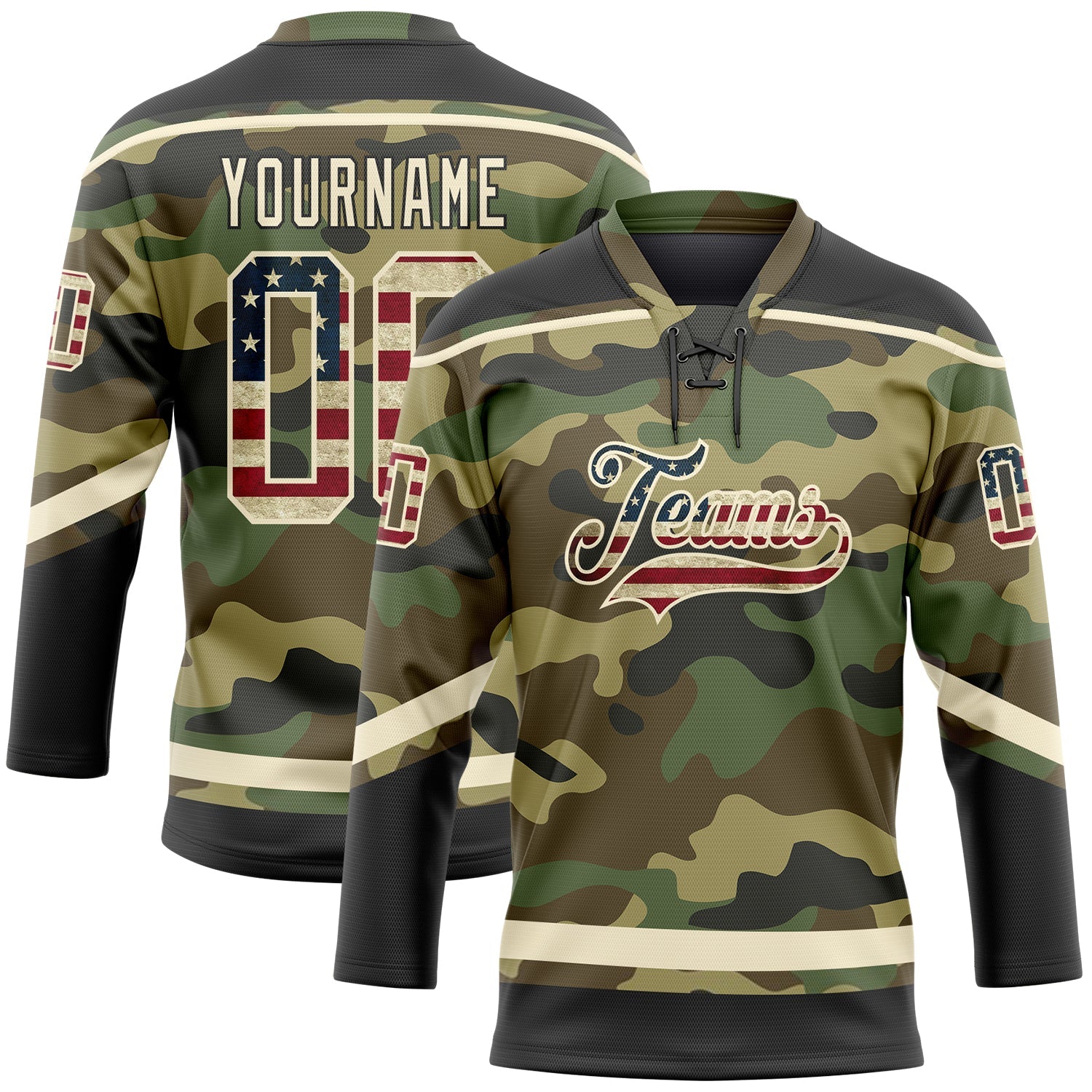 Custom Camo Vintage USA Flag Cream-Black Salute To Service Hockey Lace Neck Jersey - Main View