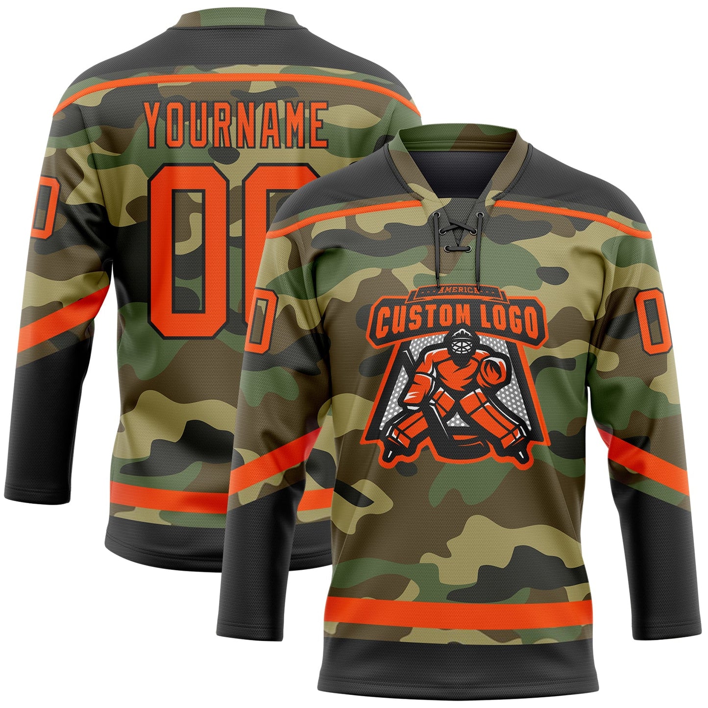 Custom Camo Orange-Black Salute To Service Hockey Lace Neck Jersey view 2