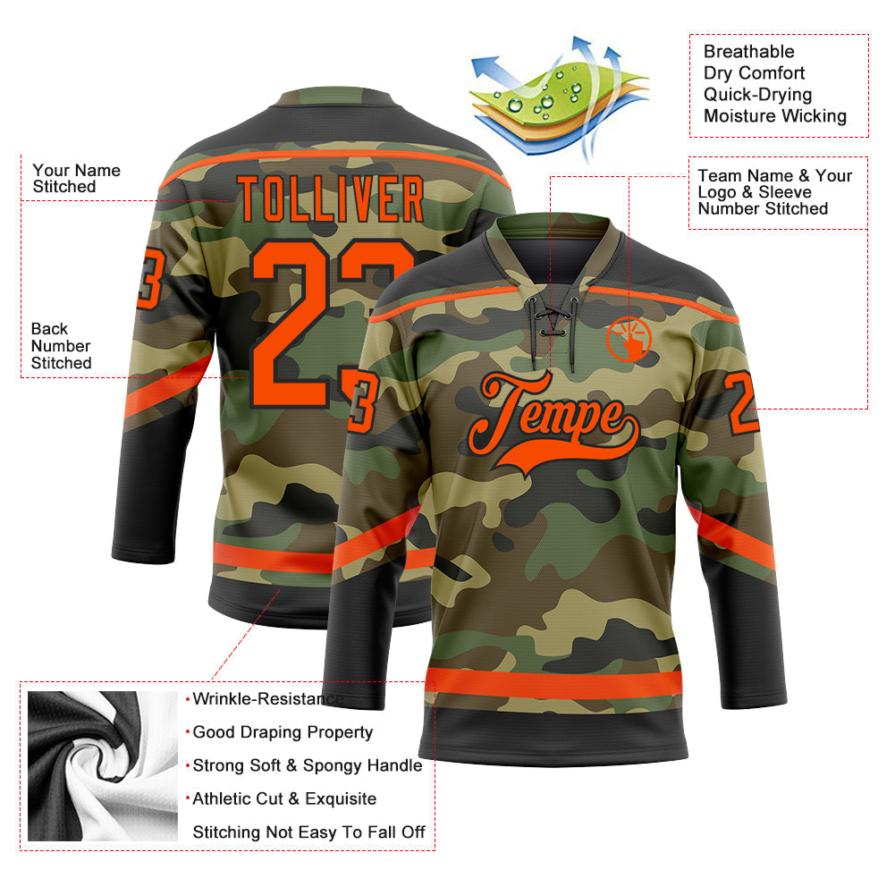 Custom Camo Orange-Black Salute To Service Hockey Lace Neck Jersey view 3