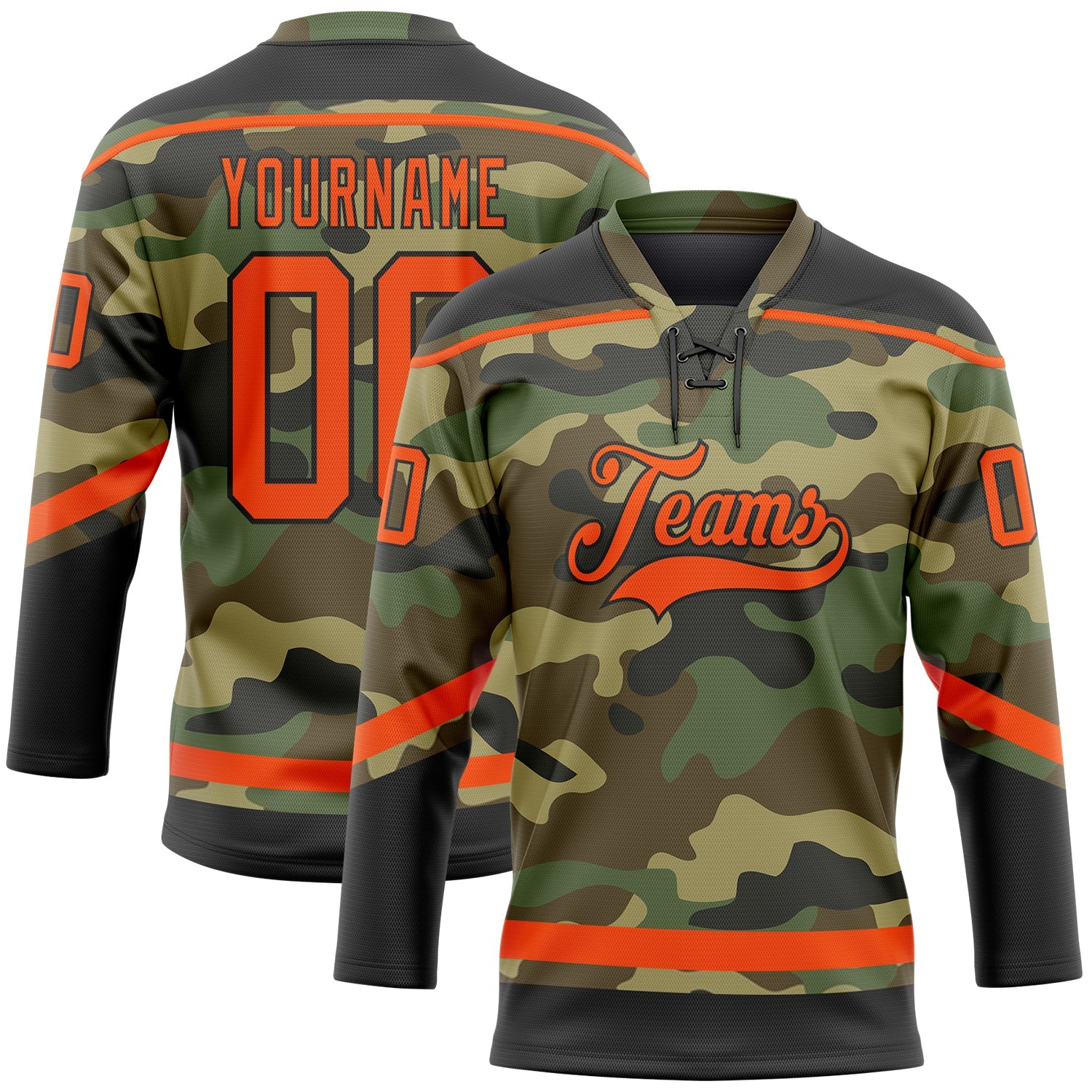 Custom Camo Orange-Black Salute To Service Hockey Lace Neck Jersey - Main View
